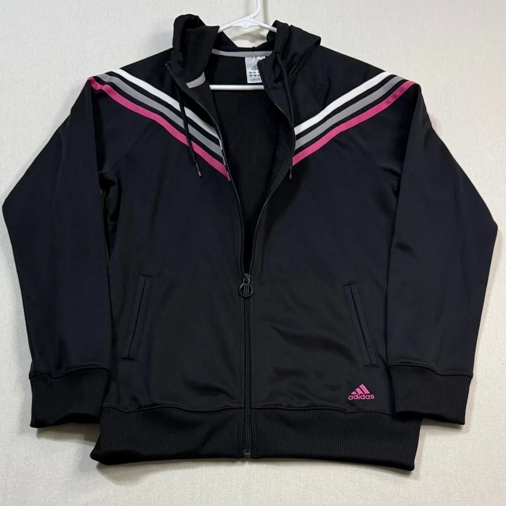 Adidas Kids Jacket in Black with Pink and White Stripes